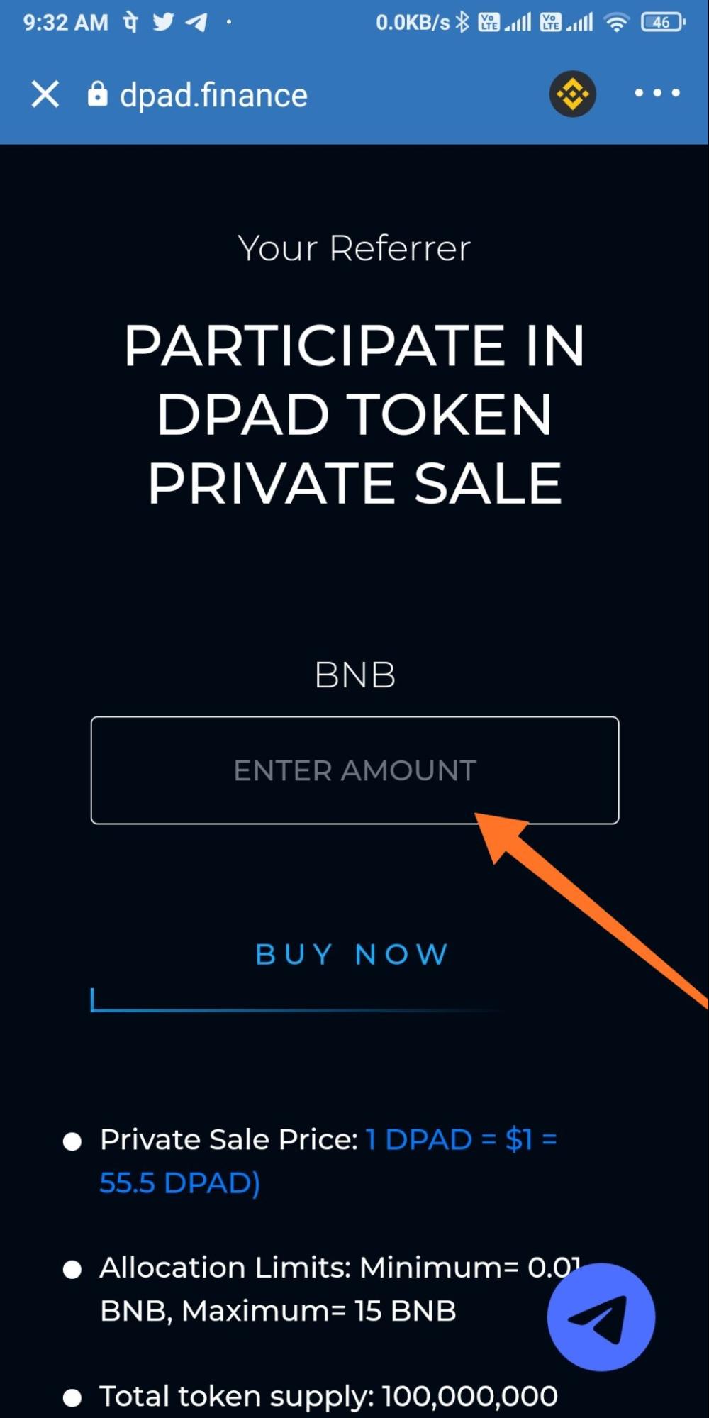 dpad-token-private-sale-enter-BNB-amount-mobile-view